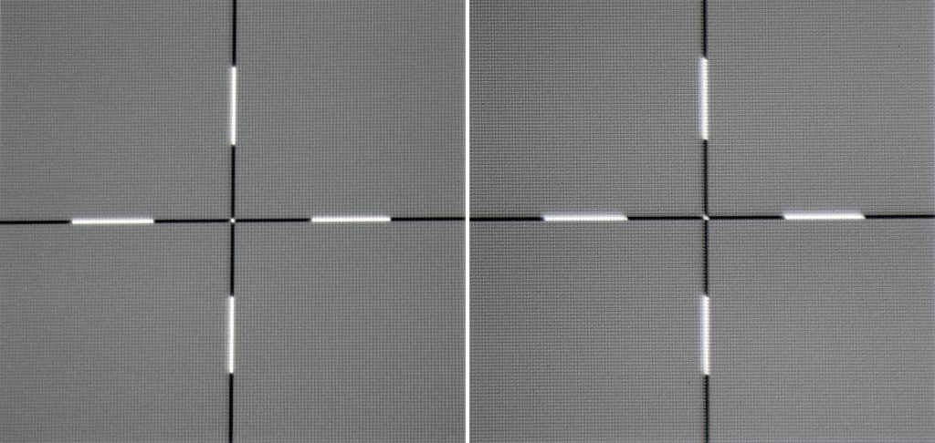 Schärfe: Die Schärfe ist über das gesamte Bild auf einem guten Niveau. Das Kreuz in Pixelauflösung am Bildrand (links) wird ebenso scharf abgebildet wie das Kreuz in der Bildmitte (rechts). Auffällig ist auch die gute Helligkeitsverteilung. Zum Rand hin bleibt die Helligkeit auf der Leinwand erhalten.