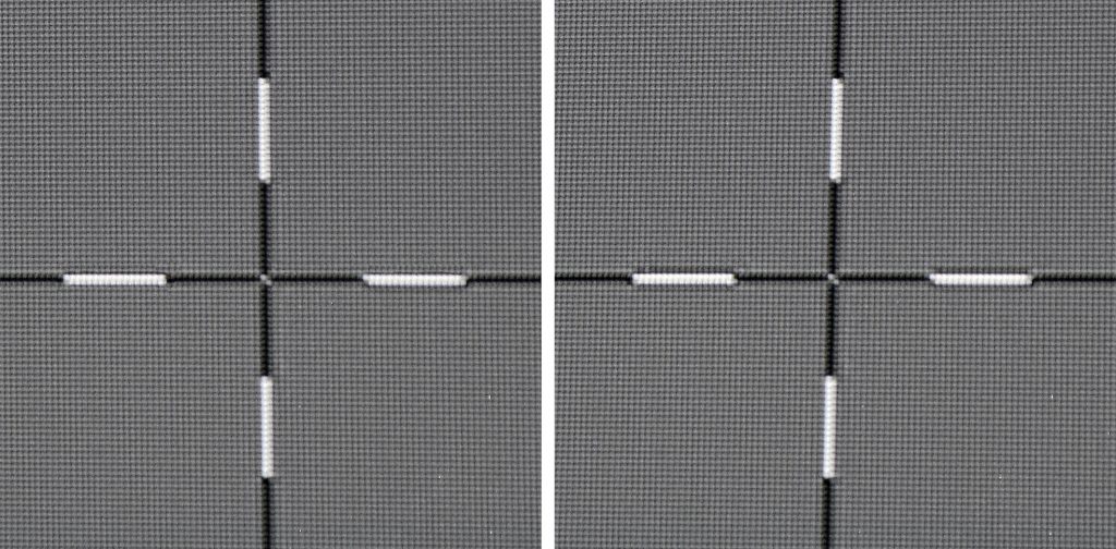 Pixelauflösung und Uniformity: Die Fadenkreuze liegen in Full-HD-Pixelauflösung vor. In der Leinwandmitte (Bild rechts) ist das Fadenkreuz knackscharf. Das Kreuz auf der linken Leinwandseite (Bild links) verliert keinerlei Schärfe. Ebenso ist mit bloßem Auge kein Helligkeitsabfall zu den Rändern zu erkennen. 