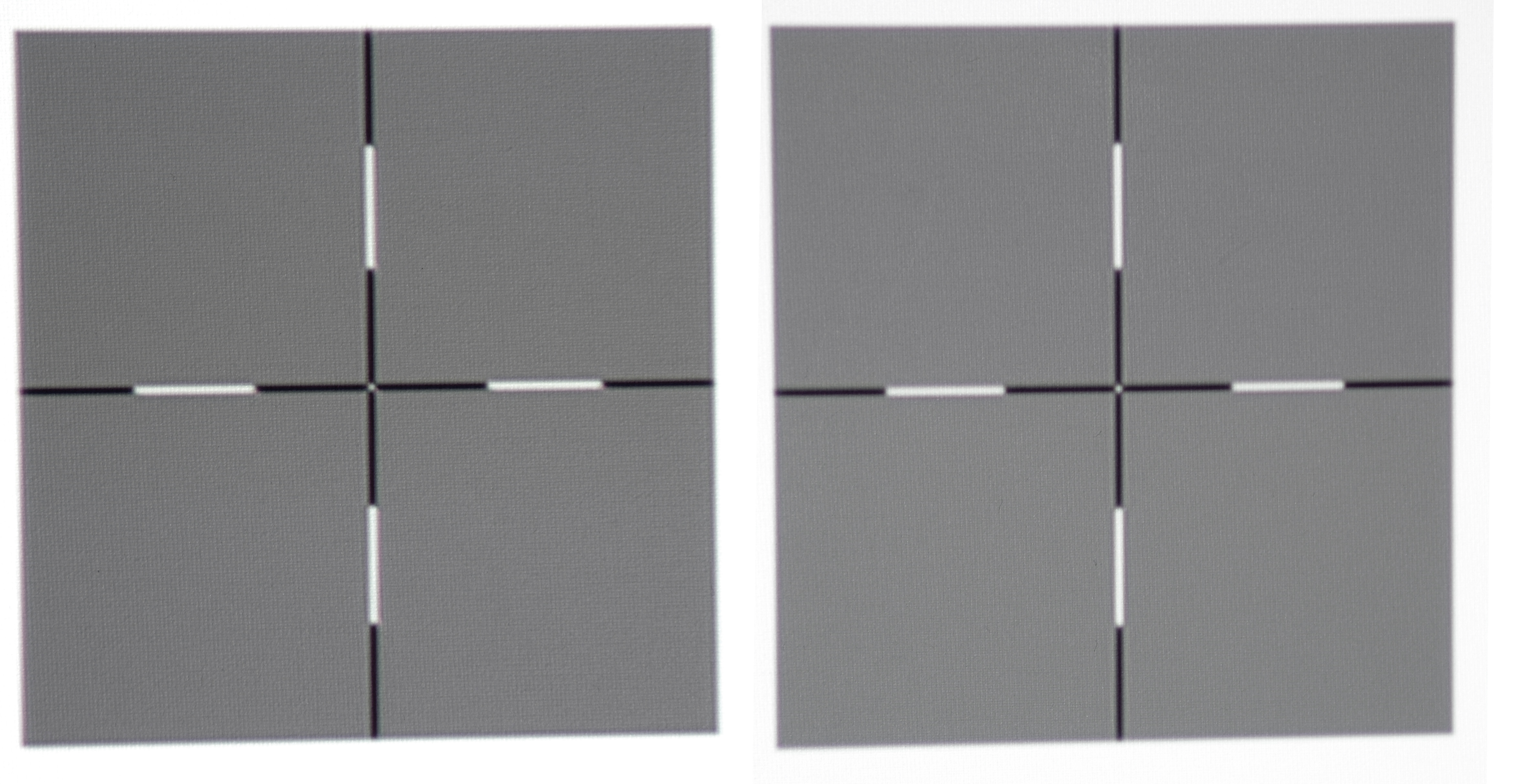 Ausleuchtung: Wie gleichmäßig der BenQ W1700 sein Licht auf die Leinwand wirft, offenbart mein Uniformity-Testbild. Das Kreuz in Pixelauflösung am linken Bildrand (Kreuz links) unterscheidet sich kaum vom Kreuz, das auf dem Testbild in der Bildmitte (Kreuz rechts) dargestellt wird.