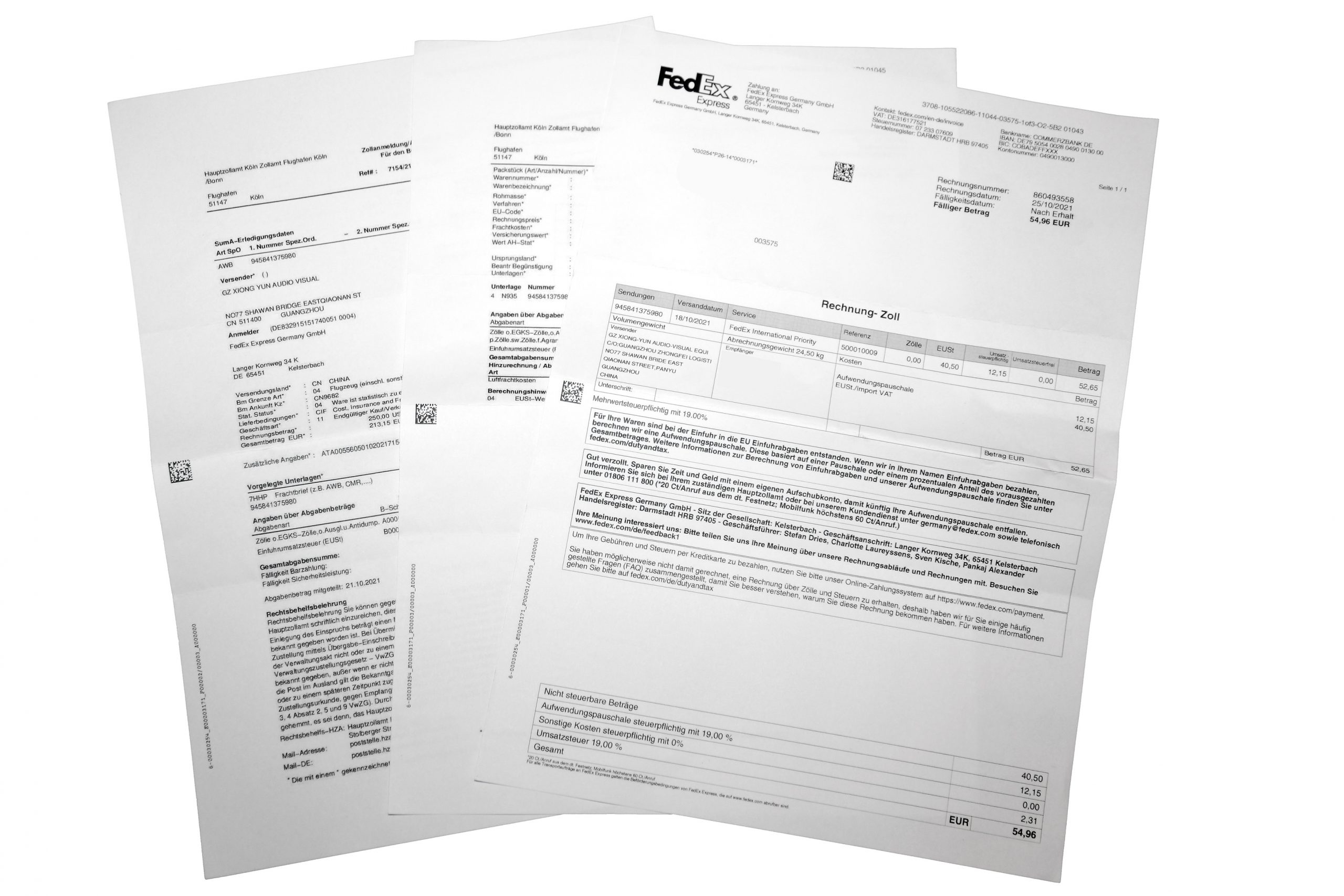 Zollunterlagen und die Rechnung sendet FedEx separat zu.